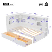 Multifunctional Single Bed Platform Bed with Trundle, Bookcase, USB Port, and Storage Drawers, 216x123x110 cm, White(m-3)