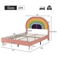 Upholstered Childrens Double Bed with Slatted Frame and Adjustable Headboard, Velvet Fabric, Easy Assembly, 137x196x118.5 cm, Pink(m-3)