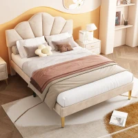 King Size Velvet Upholstered Bed with Golden Iron Legs, Shell-Like Headboard, Adjustable Height, Wooden Slatted Frame, 155x205X120 cm, Beige(m-1)