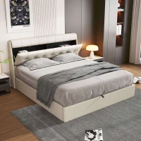 Fashion Double Bed Frame with Storage, Hydraulic Lift, Concealed Headboard Space and PU Material, 142x206x105 cm, Cream White(m-1)