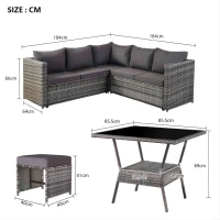7 Seater Rattan Garden Patio Corner Sofa Set with High Glass Top Dining Table, 184x184x66 cm, Grey(m-3)