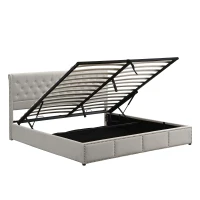 Upholstered Wood Double Bed with Storage, Hydraulic Lever and Bench, Linen Fabric Ottoman Bed Frame, 136x197x102.5 cm, Light Grey(m-12)