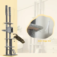 PawHut Krabpaal, 4 Niveaus, Plafondhoog, Verstelbaar 225-255 cm, Hangmat, Huisje, Grijs(m-7)