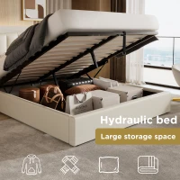 Stylish Upholstered Double Bed with Hydraulic Storage, Gold Edge Ear Design, PU Material, Slat Frame and Headboard, 143x198x106 cm, Beige(m-4)