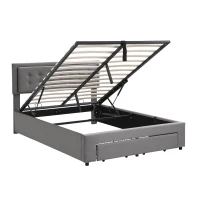 Upholstered Double Bed with Velvet Fabric, Adjustable Headboard and Large Storage Space, 141x190x101 cm, Grey(m-13)