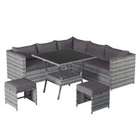 7 Seater Rattan Garden Patio Corner Sofa Set with High Glass Top Dining Table, 184x184x66 cm, Grey(m-2)