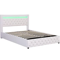 Upholstered Double Bed with Slatted Frame and Storage, LED Lighting, PU Material, 139x197x99 cm, White(m-2)