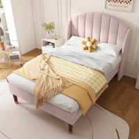 Upholstered Pink Bed with Slatted Frame and Headboard, Velvet Fabric Girls Bed, Easy Assembly, 100x196x108 cm, Pink(m-1)