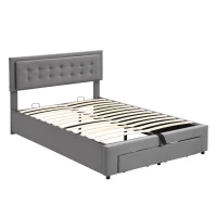 Upholstered Double Bed with Velvet Fabric, Adjustable Headboard and Large Storage Space, 141x190x101 cm, Grey(m-2)