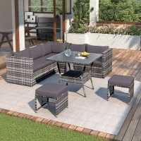 7 Seater Rattan Garden Patio Corner Sofa Set with High Glass Top Dining Table, 184x184x66 cm, Grey(m-1)