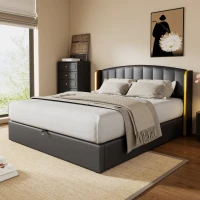 Stylish Upholstered Double Bed with Hydraulic Storage, Gold Edge Ear Design, PU Material, Slat Frame and Headboard, 143x198x106 cm, Black(m-6)
