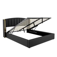Stylish Upholstered Double Bed with Hydraulic Storage, Gold Edge Ear Design, PU Material, Slat Frame and Headboard, 143x198x106 cm, Black(m-9)