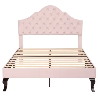 Upholstered Wooden Double Bed Frame with Adjustable Headboard, Velvet Fabric, Luxurious Slat Bed for Bedroom, 137x193x124 cm, Pink(m-12)