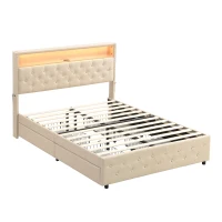 Upholstered Double Bed with LED Light, Bedside Pocket Design, Four Storage Drawers, Slatted Frame, Linen, 139.4x197.5x107 cm, Beige(m-2)