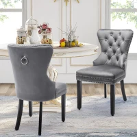 Set of 6 Velvet Dining Chairs with Oak Legs, Button Tufting and Chrome Knocker, 53x54x97 cm, Gray(m-9)