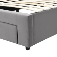 Upholstered Double Bed with Velvet Fabric, Adjustable Headboard and Large Storage Space, 141x190x101 cm, Grey(m-10)