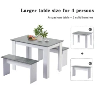 Table and Chairs Set with 2 Benches and Artificial Marble Top, Compact Design Dining Set, Easy Assembly, 108x65x75 cm, Gray(m-4)