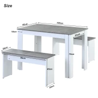 Table and Chairs Set with 2 Benches and Artificial Marble Top, Compact Design Dining Set, Easy Assembly, 108x65x75 cm, Gray(m-3)