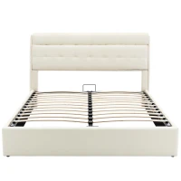 Fashion Double Bed Frame with Storage, Hydraulic Lift, Concealed Headboard Space and PU Material, 142x206x105 cm, Cream White(m-12)