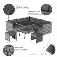 7 Seater Rattan Garden Patio Corner Sofa Set with High Glass Top Dining Table, 184x184x66 cm, Grey(m-4)