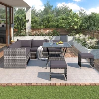 7 Seater Rattan Garden Patio Corner Sofa Set with High Glass Top Dining Table, 184x184x66 cm, Grey(m-10)