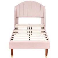 Upholstered Pink Bed with Slatted Frame and Headboard, Velvet Fabric Girls Bed, Easy Assembly, 100x196x108 cm, Pink(m-10)