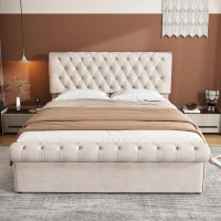 5ft King Size Luxurious Velvet Button Tufted Sleigh Bed with Hidden Storage, Adjustable Headboard, and Sturdy Frame, 160x228x107 cm, Beige(m-5)
