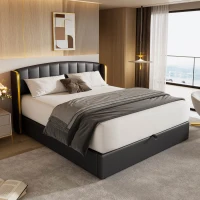 Stylish Upholstered Double Bed with Hydraulic Storage, Gold Edge Ear Design, PU Material, Slat Frame and Headboard, 143x198x106 cm, Black(m-1)