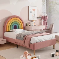 Upholstered Girls Bed with Slatted Frame and Adjustable Headboard, Velvet Pink Bed, Easy Assembly, 90x196.5x118.5 cm, Pink(m-1)