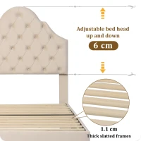 Upholstered Single Chair Bed with Adjustable Headboard, Velvet Fabric, Wooden Slat Frame, Easy Assembly, 90x193x124 cm, Beige(m-4)