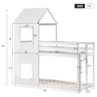 Treehouse Bunk Bed with Canopy and Ladder, Single Cabin Bed Frame, Pinewood Mid-Sleeper, Wooden Playhouse for Kids, 206x97.8x209 cm, White(m-3)