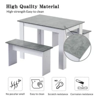 Table and Chairs Set with 2 Benches and Artificial Marble Top, Compact Design Dining Set, Easy Assembly, 108x65x75 cm, Gray(m-5)