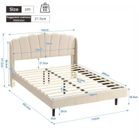 King Size Upholstered Bed with Body-Sensing LED Lights, Velvet Fabric, Slatted Frame, Mattress Not Included, 153x203.4x111.5 cm, Beige(m-3)