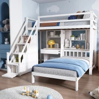 Wood House Bunk Bed with Children's Desk and Storage Shelves, Pinewood Frame, 204x204x175.5 cm, White(m-1)