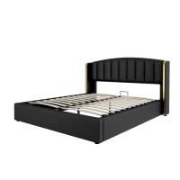 Stylish Upholstered Double Bed with Hydraulic Storage, Gold Edge Ear Design, PU Material, Slat Frame and Headboard, 143x198x106 cm, Black(m-11)
