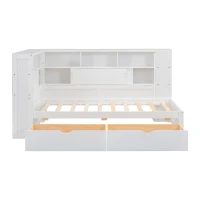 Multifunctional Single Bed Platform Bed with Trundle, Bookcase, USB Port, and Storage Drawers, 216x123x110 cm, White(m-12)