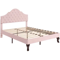 Upholstered Wooden Double Bed Frame with Adjustable Headboard, Velvet Fabric, Luxurious Slat Bed for Bedroom, 137x193x124 cm, Pink(m-2)