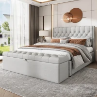 Upholstered Wood Double Bed with Storage, Hydraulic Lever and Bench, Linen Fabric Ottoman Bed Frame, 136x197x102.5 cm, Light Grey(m-1)