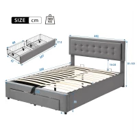 Upholstered Double Bed with Velvet Fabric, Adjustable Headboard and Large Storage Space, 141x190x101 cm, Grey(m-3)