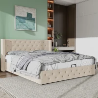 King Size Upholstered Bed with Hydraulic Lever, Velvet Fabric, Storage Bed Frame, No Mattress, 162x209x94.5 cm, Beige(m-1)
