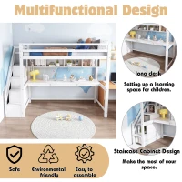 Children's Loft Bed with Storage Stairs, Pine Wood Frame, Large Desk with Storage and Shelves, 242x94x174 cm, White(m-5)