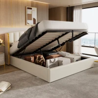 Stylish Upholstered Double Bed with Hydraulic Storage, Gold Edge Ear Design, PU Material, Slat Frame and Headboard, 143x198x106 cm, Beige(m-7)