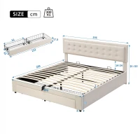 King Size Upholstered Bed with Velvet Fabric, Adjustable Headboard and Large Storage Space, 156x200x101 cm, Cream(m-3)