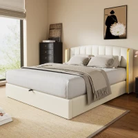 Stylish Upholstered Double Bed with Hydraulic Storage, Gold Edge Ear Design, PU Material, Slat Frame and Headboard, 143x198x106 cm, Beige(m-5)