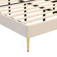 King Size Velvet Upholstered Bed with Golden Iron Legs, Shell-Like Headboard, Adjustable Height, Wooden Slatted Frame, 155x205X120 cm, Beige(m-11)