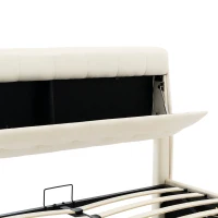 Fashion Double Bed Frame with Storage, Hydraulic Lift, Concealed Headboard Space and PU Material, 142x206x105 cm, Cream White(m-7)