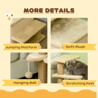 PawHut Adjustable Cat Steps, with House & Hanging Toy Ball - Beige(m-6)