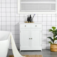 kleankin Mobile Bagno a 2 Ante con Ripiano Regolabile e 2 Cassetti in Legno, 60x30x75 cm, Bianco(m-2)