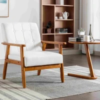 Freizeitstuhl mit Massivholzarmlehnen und -füßen, Mid-Century Modern Akzentstuhl für Wohnzimmer, Schlafzimmer, Studio, 77× 64,5× 71 cm T,Beige(m-4)