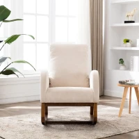 Weicher Schaukelstuhl im Mid-Century Modern-Stil, mit hoher Rückenlehne und Massivholzsockel, Beige(m-4)